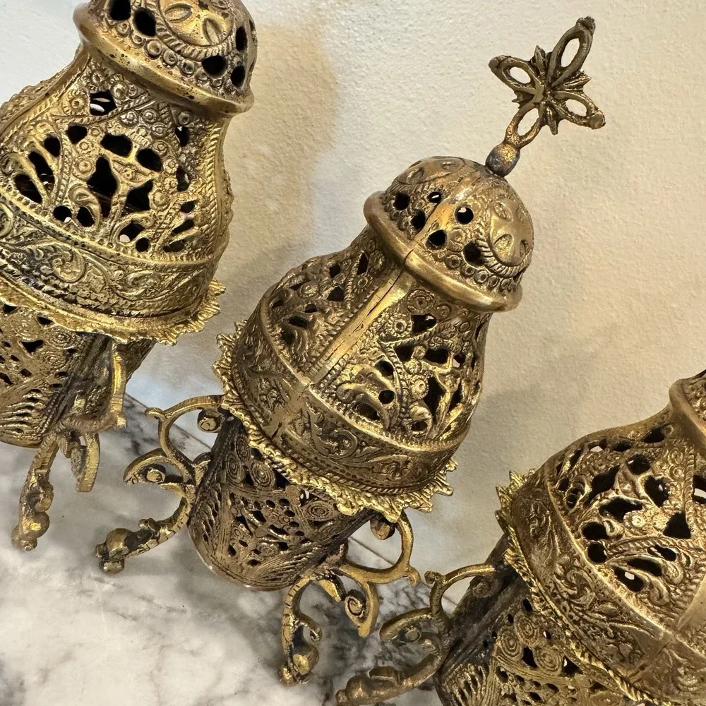 Set 3 Vintage Solid Brass Greek / Orthodox Tabletop Incense  Burners ~ Thuribles